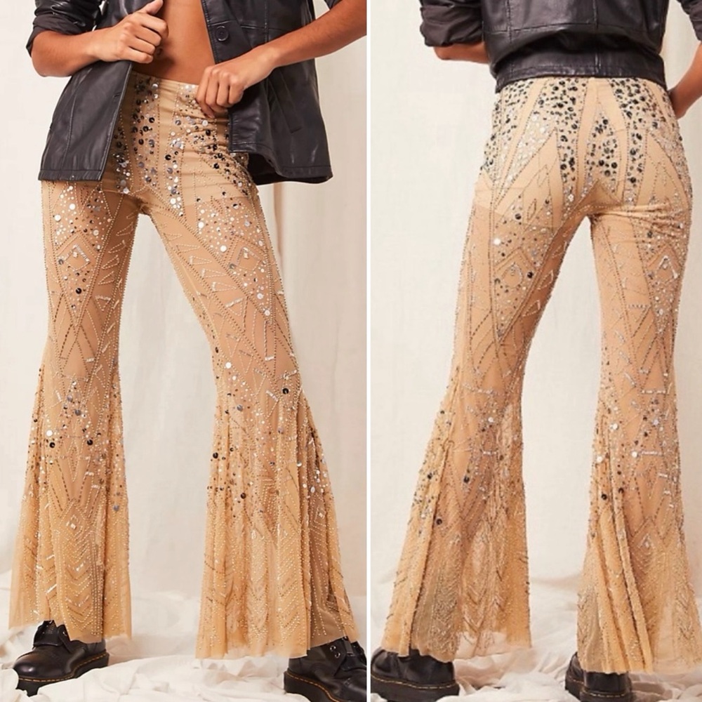 NEW FREE PEOPLE BALI CENTER STAGE NUDE BEADED EMBELLISHED SHEER PANTS STUNNING!
